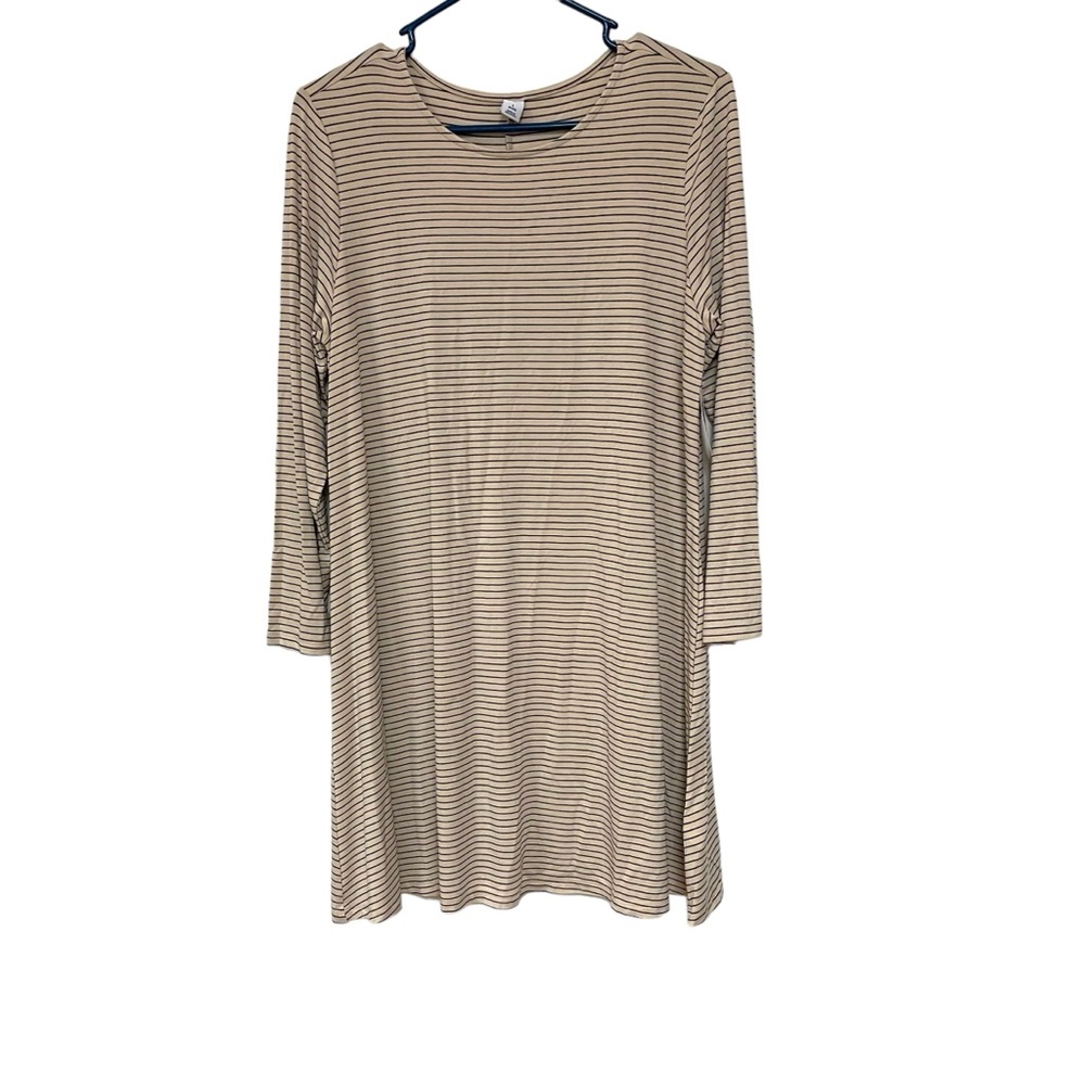 Old Navy Jersey Knit Striped Shirt Dress Beige 3/4” Sleeves Casual NWT Women L